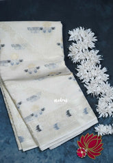 Creamy Ivory Beige - Durga - Banarasi Muslin Silk Thread Weaving Body with Silver Zari Border - Perfect for Pooja Wear | Diwali Function