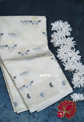 Creamy Ivory Beige - Durga - Banarasi Muslin Silk Thread Weaving Body with Silver Zari Border - Perfect for Pooja Wear | Diwali Function