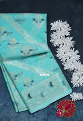 Turquoise Blue - Durga - Banarasi Muslin Silk Thread Weaving Body with Silver Zari Border - Perfect for Pooja Wear | Diwali Function