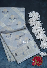 Bluish Grey - Durga - Banarasi Muslin Silk Thread Weaving Body with Silver Zari Border - Perfect for Pooja Wear | Diwali Function