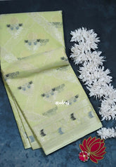 Pastel Lime Green - Durga - Banarasi Muslin Silk Thread Weaving Body with Silver Zari Border - Perfect for Pooja Wear | Diwali Function