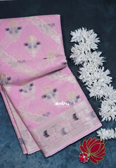 Rose Petal Pink - Durga - Banarasi Muslin Silk Thread Weaving Body with Silver Zari Border - Perfect for Pooja Wear | Diwali Function