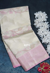 Creamy Ivory Beige - Durga - Banarasi Muslin Silk Thread Weaving Body with Silver Zari Border - Perfect for Pooja Wear | Diwali Function