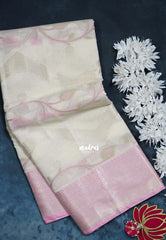 Creamy Ivory Beige - Durga - Banarasi Muslin Silk Thread Weaving Body with Silver Zari Border - Perfect for Pooja Wear | Diwali Function