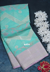 Turquoise Blue - Durga - Banarasi Muslin Silk Thread Weaving Body with Silver Zari Border - Perfect for Pooja Wear | Diwali Function
