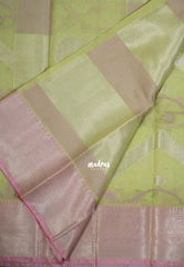 Pastel Lime Green - Durga - Banarasi Muslin Silk Thread Weaving Body with Silver Zari Border - Perfect for Pooja Wear | Diwali Function