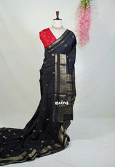 Jet Black - Durga - Banarasi Premium Viscose Silk with Peacock Border and Buttas - Best for Wedding Functions