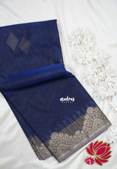Navy Blue with Flower - Durga - Banarasi Silk Cotton Saree with Zari Weaving with Flower Border - Best for Temple Visit