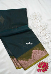 Deep Teal with Flower - Durga - Banarasi Silk Cotton Saree with Zari Weaving with Flower Border - Best for Temple Visit
