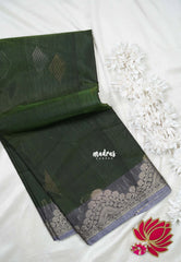Forest Green with Flower - Durga - Banarasi Silk Cotton Saree with Zari Weaving with Flower Border - Best for Temple Visit (Copy)