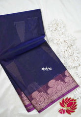 Navy Blue with Leaf - Durga - Banarasi Silk Cotton Saree with Zari Weaving with Leaf and Floral Border - Best for Temple Visit
