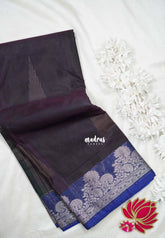 Midnight Purple with Leaf - Durga - Banarasi Silk Cotton Saree with Zari Weaving with Leaf and Floral Border - Best for Temple Visit