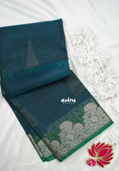Deep Teal with Leaf - Durga - Banarasi Silk Cotton Saree with Zari Weaving with Leaf and Floral Border - Best for Temple Visit