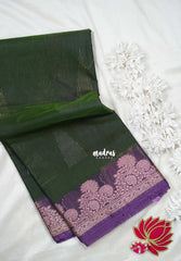 Forest Green with Leaf - Durga - Banarasi Silk Cotton Saree with Zari Weaving with Leaf and Floral Border - Best for Temple Visit