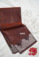 Chocolate Brown with Leaf - Durga - Banarasi Silk Cotton Saree with Zari Weaving with Leaf and Floral Border - Best for Temple Visit