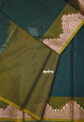 Deep Teal with Flower - Durga - Banarasi Silk Cotton Saree with Zari Weaving with Flower Border - Best for Temple Visit