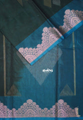 Midnight Green with Flower - Durga - Banarasi Silk Cotton Saree with Zari Weaving with Flower Border - Best for Temple Visit
