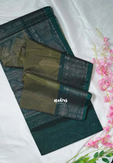 Dark Olive Green - Durga - Banarasi Silk Cotton Saree with Zari Weaving - Best for Temple Visit