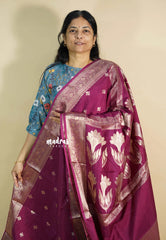 Wine red - Durga banarasi mashru silk with antique zari border and buttas