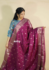 Wine red - Durga banarasi mashru silk with antique zari border and buttas