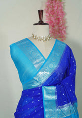 MS Amma Blue - Durga - Banarasi Crepe Georgette Silk with Floral Border and Buttas - Perfect for Wedding Functions
