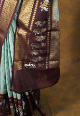 Muted Aqua Blue with Brown - Durga - Banarasi soft katan silk - Best for Temple Visit