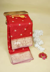 Classic Rich Red with peach border - Durga - Banarasi Soft Katan Silk - Best for small functions