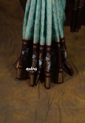 Muted Aqua Blue with Brown - Durga - Banarasi soft katan silk - Best for Temple Visit