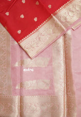 Classic Rich Red with peach border - Durga - Banarasi Soft Katan Silk - Best for small functions