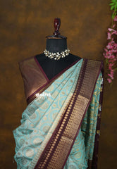 Muted Aqua Blue with Brown - Durga - Banarasi soft katan silk - Best for Temple Visit