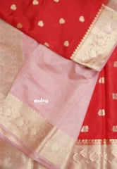 (PRE-BOOKING) Classic Rich Red with peach border - Durga - Banarasi Soft Katan Silk - Best for small functions