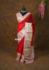 Classic Rich Red with peach - Durga - Banarasi Soft Katan Silk with Big multi mango Border - Best for Festive Wear
