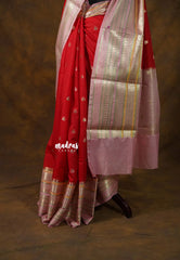 Classic Rich Red with peach - Durga - Banarasi Soft Katan Silk with Big multi mango Border - Best for Festive Wear