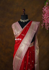 Classic Rich Red with peach - Durga - Banarasi Soft Katan Silk with Big multi mango Border - Best for Festive Wear