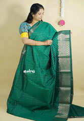 Dark Green - Durga - Banarasi soft katan silk with Wavy Border and Buttas