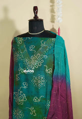 Amitha – Teal Green Elegand bandhani dualshade semi silk salwar suit with v neck and mul cotton dupatta and bottom