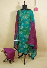 Amitha – Teal Green Elegand bandhani dualshade semi silk salwar suit with v neck and mul cotton dupatta and bottom