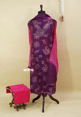 Amitha – Plum Purple Elegand bandhani dualshade semi silk salwar suit with v neck and mul cotton dupatta and bottom