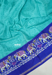 Turquoise Green with Elephant Border - Uniform sarees Malgudi Printed Silk with Elephant Border - Perfect for Office Wear | Casual Wear