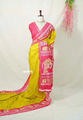 Yellowish Green with Pink - Uniform sarees Malgudi Printed Silk with Elephant Border - Perfect for Office Wear | Casual Wear