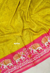 Yellowish Green with Pink - Uniform sarees Malgudi Printed Silk with Elephant Border - Perfect for Office Wear | Casual Wear
