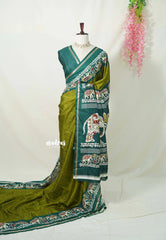 Olive Green with Elephant Border - Uniform sarees Malgudi Printed Silk with Elephant Border - Perfect for Office Wear | Casual Wear