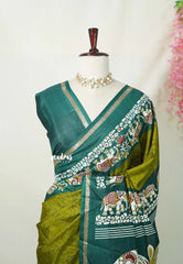 Olive Green with Elephant Border - Uniform sarees Malgudi Printed Silk with Elephant Border - Perfect for Office Wear | Casual Wear
