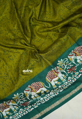 Olive Green with Elephant Border - Uniform sarees Malgudi Printed Silk with Elephant Border - Perfect for Office Wear | Casual Wear