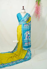 Yellowish Green with Blue - Uniform sarees Malgudi Printed Silk with Elephant Border - Perfect for Office Wear | Casual Wear