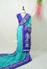 Turquoise Green with Elephant Border - Uniform sarees Malgudi Printed Silk with Elephant Border - Perfect for Office Wear | Casual Wear