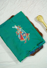 Teal green - Mayuri - 1 mtr Silk Cotton Embroidered Blouse Piece – Rajasthani Woman Motif