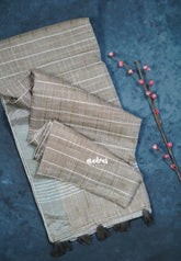 Muted Latte Beige - Fancy cotton Saree Checks with Tube Beats Zardosi Work Buttas and Pallu - Perfect for Office Wear | Summer Wear | Casual Wear