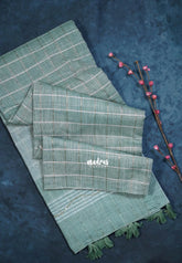 Muted Sage Green - Fancy cotton Saree Checks with Tube Beats Zardosi Work Pallu - Perfect for Office Wear | Summer Wear | Casual Wear