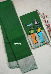 Green - Fancy Cotton Saree with Village Folk Art Motif embroidery Blouse